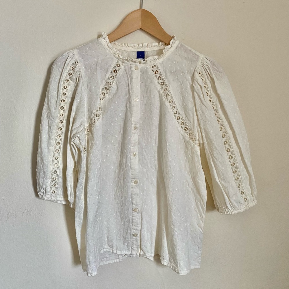 Off White Ruffle Crew Neck Puff Sleeve Top